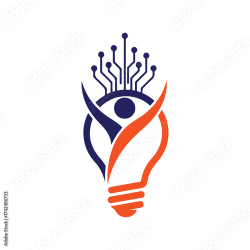 Blue and orange abstract human figure inside light bulb with circuit board top vector