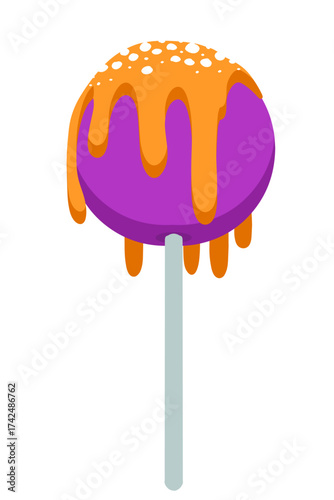 Flat vector Halloween lollipop in purple color with orange glaze on top. Bright sweet element perfect for spooky festive banners, cards, and candy designs.
