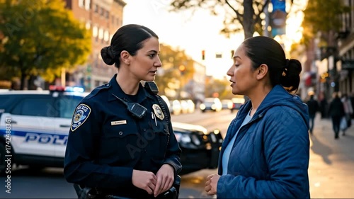 Female police officer talking to woman citizen on street with police vehicle at sunset, community engagement footage