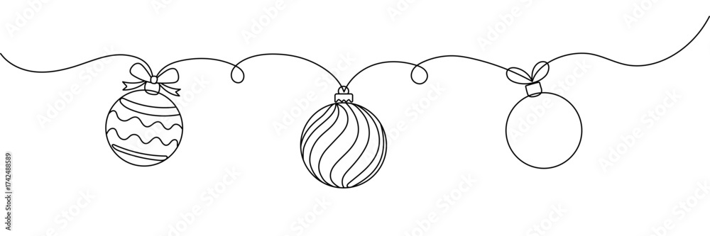 Obraz premium Continuous line drawing of Christmas balls decoration. One line art concept of pine tree decoration for merry Christmas and happy new year greeting card Editable stroke