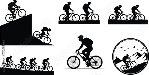 Cycling silhouettes, stunt and uphill riders, motion sequence, mountain emblem, black vector icons, outdoor activity, isolated on white background