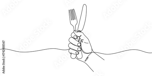 Hands holding knife and fork in fist drawn with continuous line in minimalism, waiting for food, eating activity concept, table setting, cutlery, one line, Editable vector contour