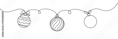 Continuous line drawing of Christmas balls decoration. One line art concept of pine tree decoration for merry Christmas and happy new year greeting card Editable stroke