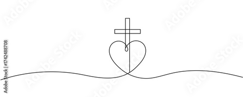 Christian church symbol logo in continuous line drawing style. Line art of a heart with Christian cross. One Continuous line drawing cross of Christ and heart. Editable stroke