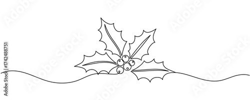 Holly berry drawn by one line. Floral sketch. Continuous line drawing mistletoe. Simple vector illustration Editable stroke