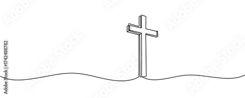 Christian cross, crucifix continuous single line drawing. Traditional religion symbol. Church sign cross one line art hand drawn. Vector illustration Editable stroke