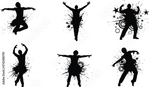 Dance silhouettes, expressive human poses, abstract splatter effects, black vector icons, performance art, dynamic motion, isolated on white background