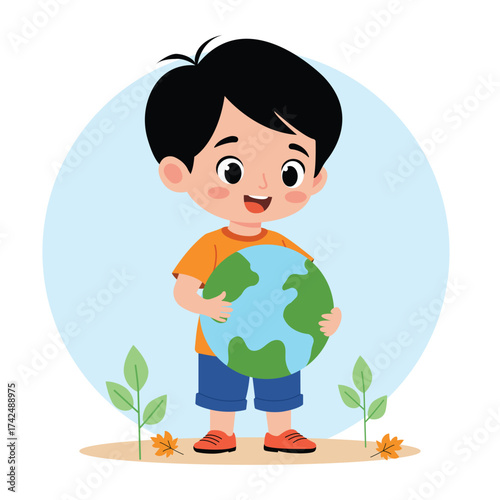 Cute boy Holding Save Earth, Cute little boy holding globe, kid protecting Earth planet vector Illustration on a white background