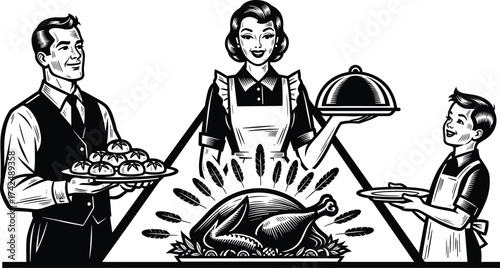 Family meal celebration illustration, black and white vector art, holiday dinner scene, roasted turkey centerpiece, festive gathering moment