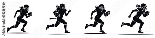 Silhouette of Female American Football Player Running with Ball – Woman Athlete in Motion, Strength, Speed, Energy, Team Sport, and Confidence Illustration Isolated on White Background