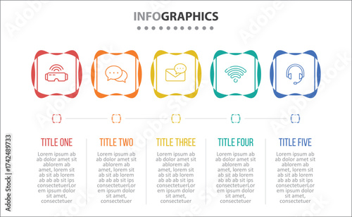 Vector Infographic design with icons. process diagram, flow chart, info graph, Infographics for business concept, presentations banner, workflow layout. 5 options or 5 steps. Horizontal Steps