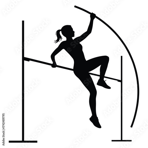 Silhouette of Female Pole Vaulter Jumping Over Bar – Woman Athlete in Action, Strength, Speed, Focus, Track and Field Sport, and Athletic Performance Illustration Isolated on White Background