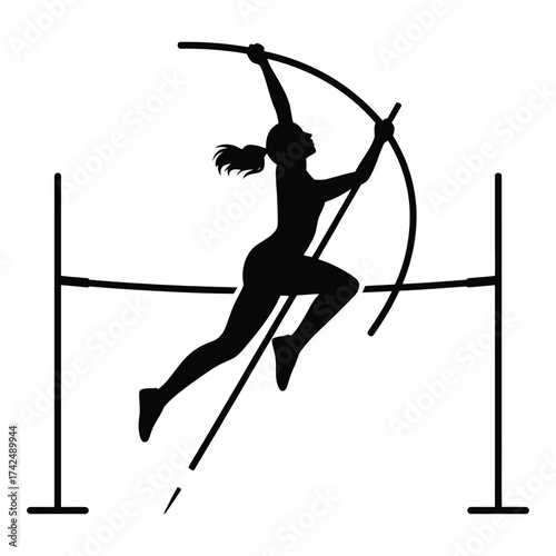 Silhouette of Female Pole Vaulter Jumping Over Bar – Woman Athlete in Motion, Strength, Energy, Focus, Track and Field, and Professional Sports Training Illustration Isolated on White Background