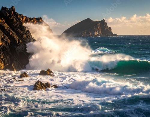 Dramatic wave crashing against coastal rocks at dusk
