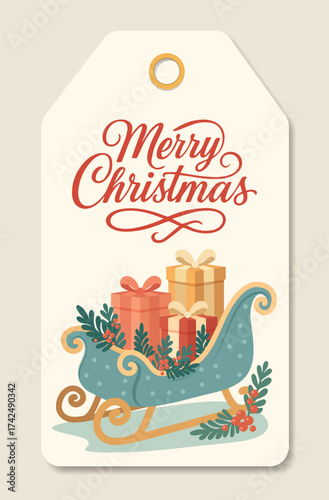 Christmas tag or price tag featuring a colorful fairytale sleigh filled with gifts. This festive tag with the inscription Merry Christmas for winter wrapping gifts, cards, merchandise, souvenirs