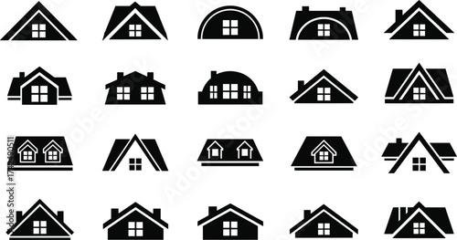 House rooftop and window icons, black and white vector set, architectural design elements, residential roof styles, construction illustration pack