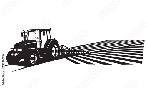 Agricultural Tractor Plowing Field, Creating Furrows