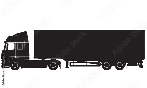 Black Silhouette of a Semi-Trailer Truck with Cargo Trailer on a White Background