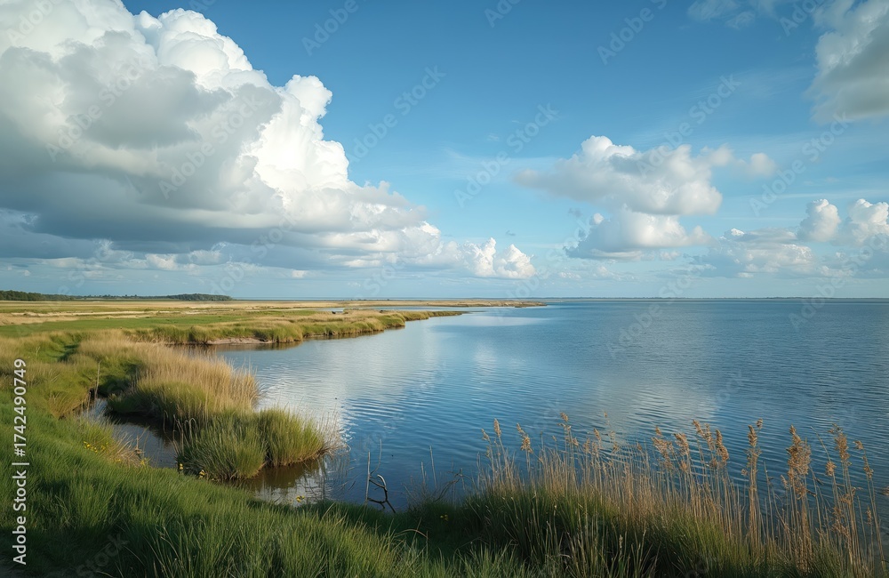 Fototapeta premium Scenic photo displays a river meeting the sea under a cloudy sky. Rich green grasses line the shore with reeds. Calm water reflects the clouds.