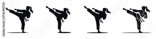 Silhouette of Woman Practicing Karate Kick – Female Martial Artist Training, Self Defense, Discipline, Strength, Fitness, and Sport Action Illustration Isolated on White Background