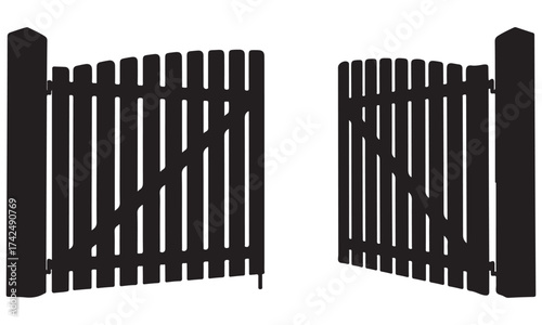 Open Wooden Picket Gate Silhouette on White Background
