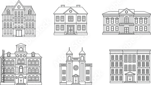 Institutional building icon set, black and white vector, architectural silhouette collection, school and courthouse designs, historical structure illustration pack