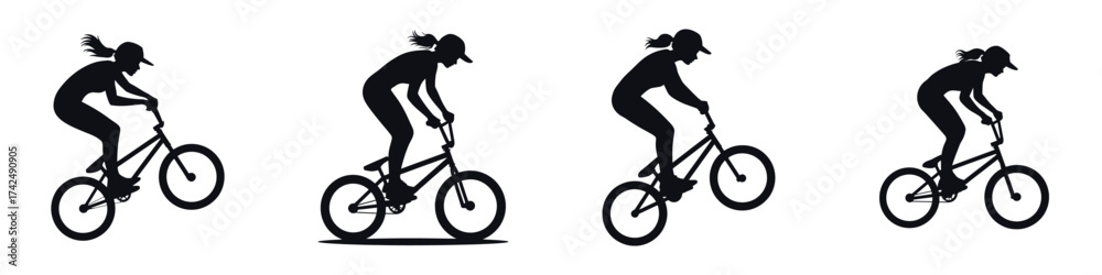 Obraz premium Silhouette of Woman Riding BMX Bicycle – Female Cyclist Doing Bike Tricks, Extreme Sport, Adventure, Balance, Strength, and Outdoor Action Illustration Isolated on White Background