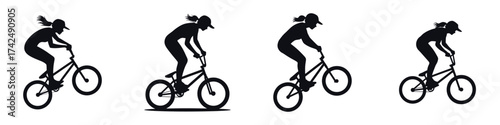 Silhouette of Woman Riding BMX Bicycle – Female Cyclist Doing Bike Tricks, Extreme Sport, Adventure, Balance, Strength, and Outdoor Action Illustration Isolated on White Background