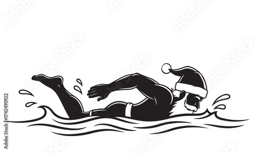 Santa Claus Character Swimming Freestyle Silhouette Illustration