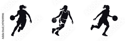 Silhouette of Female Basketball Player Dribbling Ball – Woman Athlete in Motion, Sports Training, Energy, Strength, Competition, and Team Game Illustration Isolated on White Background