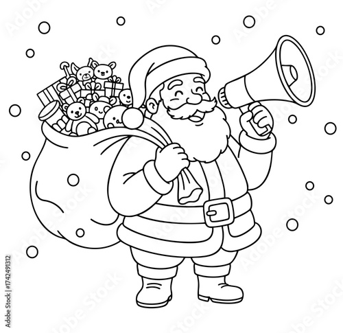 drawing of Santa Claus with megaphone announcing Christmas without background