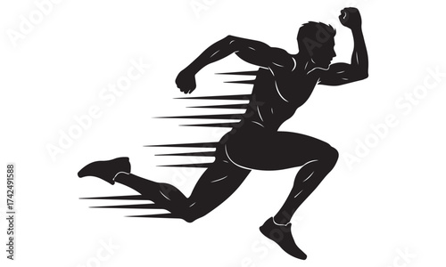 Dynamic Black Silhouette of a Male Sprinter with Speed Streaks