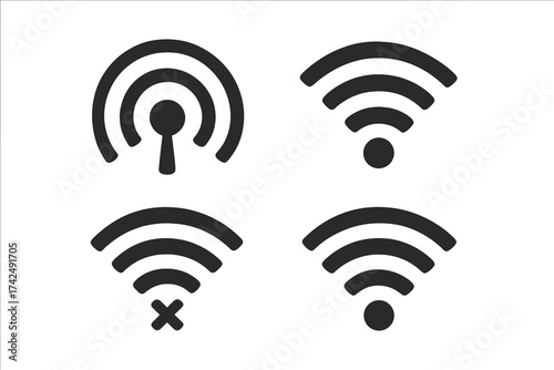 Wireless wifi icon set. Vector pictogram collection. Internet connection signal strength indicator. Mobile data network symbol. No connection error sign. Hotspot antenna.