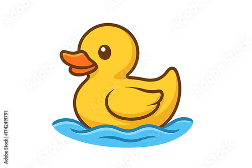 Yellow rubber duck toy floating on water vector illustration. Cute cartoon ducky for baby bath time fun. Plastic bird icon for children's games. Isolated clean background.