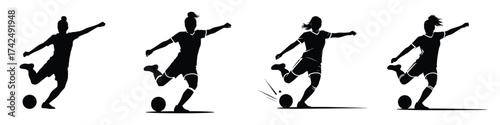 Silhouette of Female Soccer Player Kicking Ball – Woman Football Athlete in Action, Sports Training, Energy, Strength, Skill, and Team Game Concept Illustration Isolated on White Background
