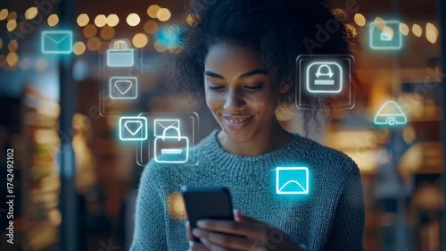 Young woman explores online shopping while using smartphone in cozy indoor setting during evening hours