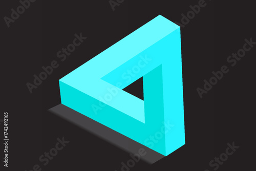 Isometric impossible Penrose triangle on turquoise blue. Confusion, impossibility, imagination and unity of opposites. Flat design.