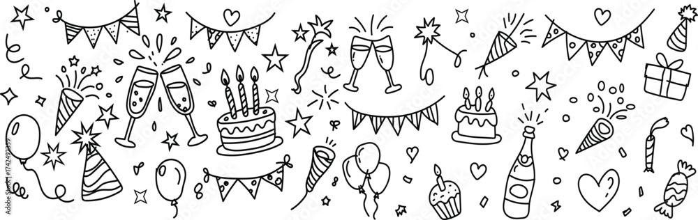 Fototapeta premium Hand Drawn Party Doodle Set – Birthday and Celebration Icons Vector