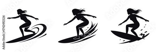 Silhouette of Female Surfer Riding Wave – Woman on Surfboard in Action, Ocean Adventure, Extreme Sport, Summer Freedom, Beach Lifestyle, and Water Sports Illustration Isolated on White Background