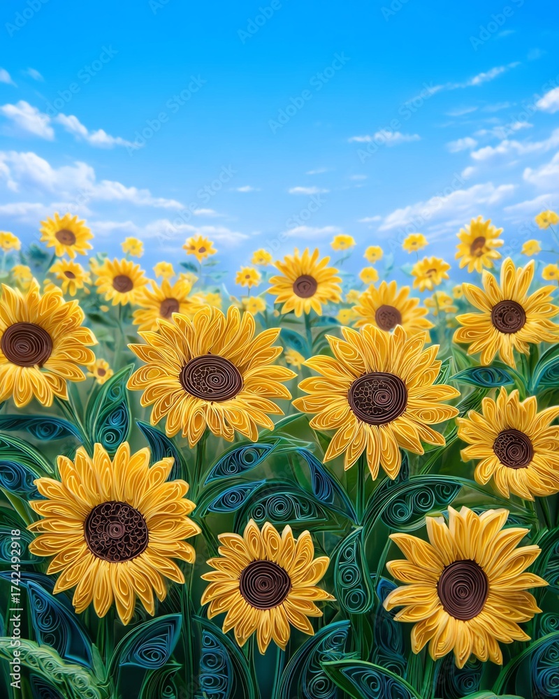 Obraz premium Vibrant sunflowers in a bright blue sky.