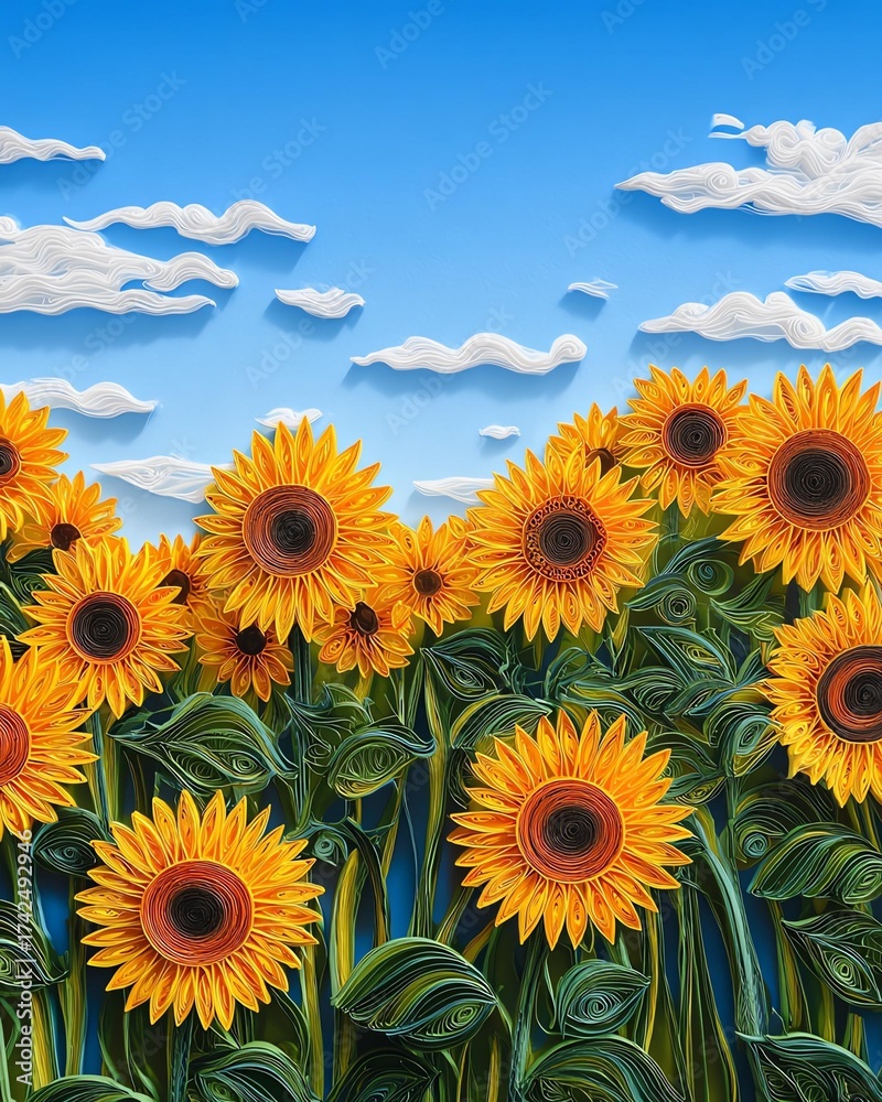 Obraz premium Vibrant sunflowers bloom under blue skies.