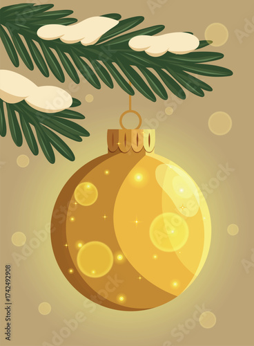 A vector, sparkling golden Christmas tree ornament on a snow-covered branch against a soft beige background with highlights. A festive illustration for greeting cards, winter, and New Year's designs