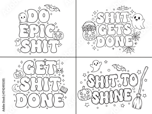 Halloween swear word coloring pages with groovy letters , Halloween black and white Halloween element coloring pages for adults.