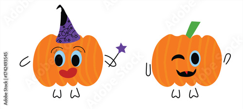 Cute halloween pumpkin characters vector — kawaii witch pumpkin and vampire pumpkin cartoon illustration for kids, autumn, and holiday design
