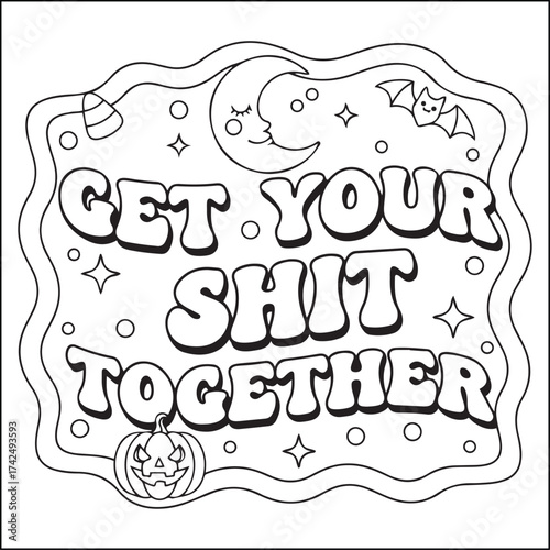 Halloween swear word coloring pages with groovy letters , Halloween black and white Halloween element coloring pages for adults.