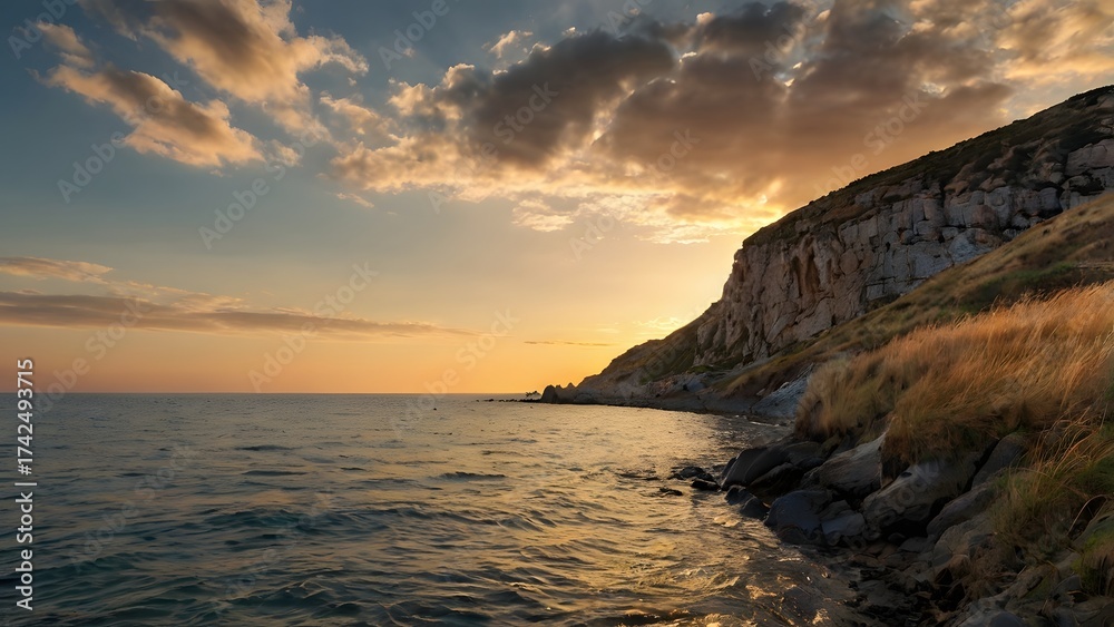Obraz premium Rocky coastline and calm sea at sunset