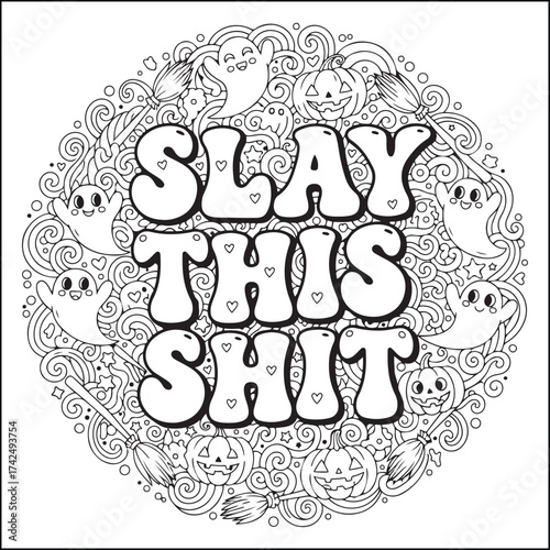 Halloween swear word coloring pages with groovy letters , Halloween black and white Halloween element coloring pages for adults.