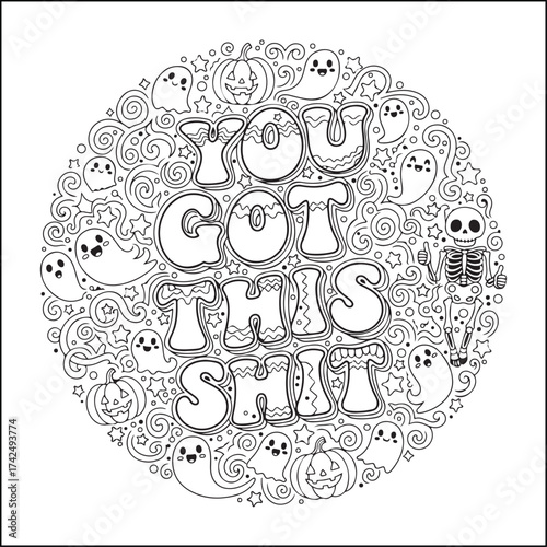 Halloween swear word coloring pages with groovy letters , Halloween black and white Halloween element coloring pages for adults.