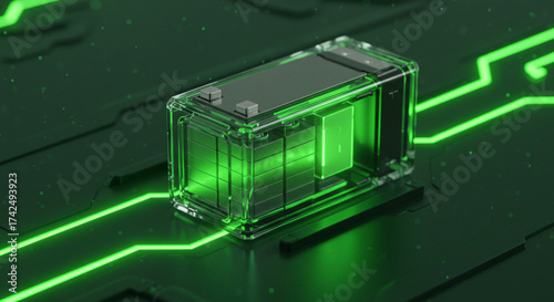 Futuristic glowing green battery concept powering innovation for electric vehicles and sustainable energy solutions, showcasing advanced technology