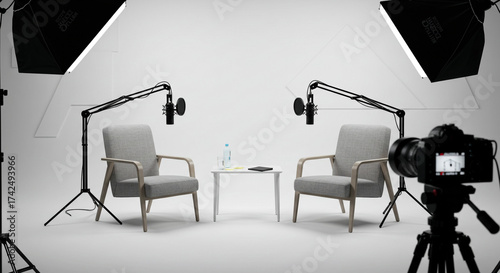 Modern podcast studio setup with chairs, microphones, and camera ready for recording compelling interviews and hosting engaging discussions
